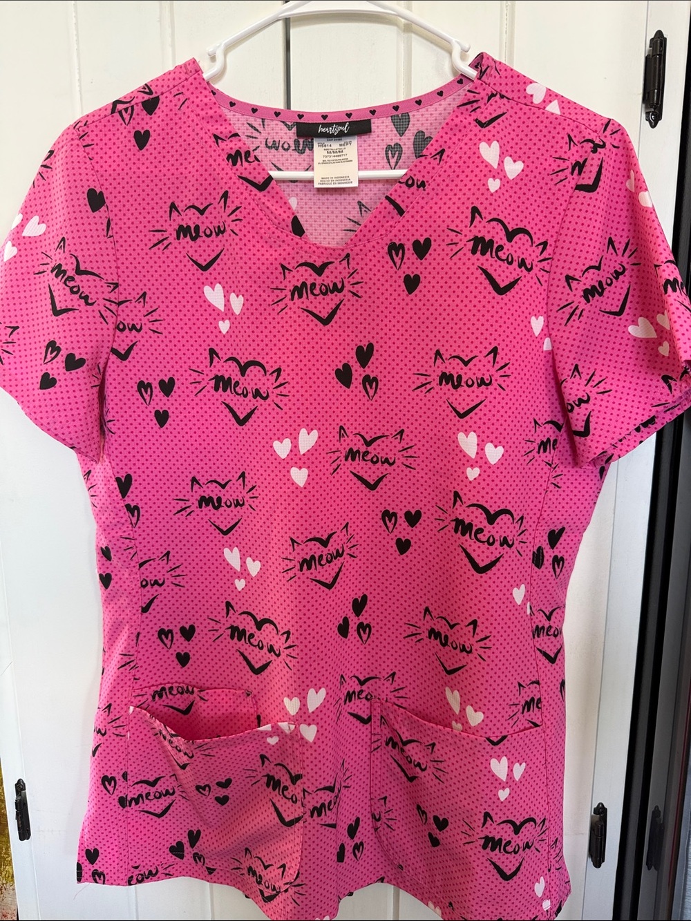 HeartSoul Pink Cat & Heart V‑Neck Scrub Top